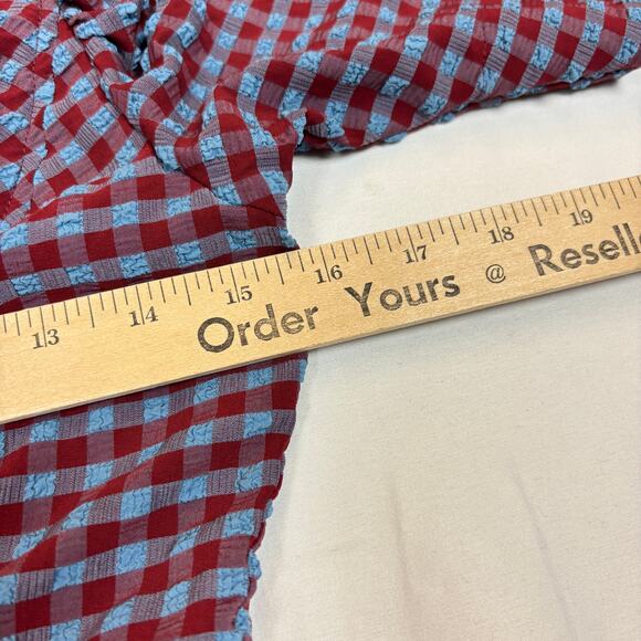 Ganni Gingham Check Seersucker V Neck Blouse Ruched Puff Sleeve - Picture 6 of 8